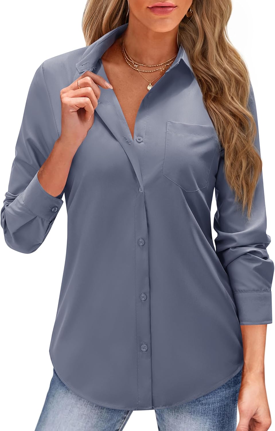 J.VER Button Down Shirts for Women Long Sleeve Dress Shirts Solid Business Casual Collared Work Blouses Tops