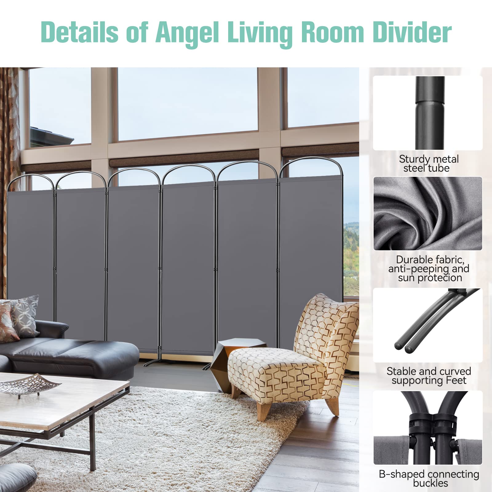 Angel Living Paravent 6 Panneaux Diviseurs de Chambre Séparateur de Panneaux Indépendant Paroi de Séparation Murale Séparation Visuelle pour Bureaux, Chambre à Coucher, 336 x 182cm (Gris)