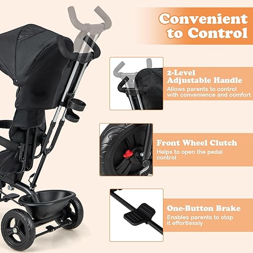 Miniatura 6 de BABY JOY Triciclo para niños pequeños triciclo plegable con asa ajustable para padres toldo bolsa de almacenamiento arnés de seguridad y frenos de