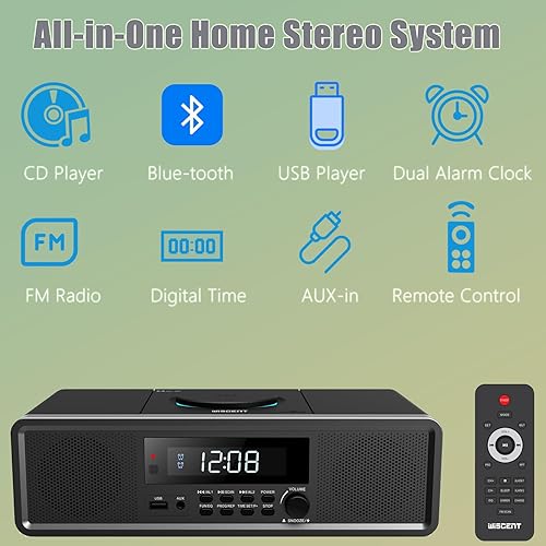 Miniatura 2 de WISCENT Sistema estéreo para el hogar, reproductor de CD, sistema de sonido RMS transparente de 20 W con radio FM, Bluetooth, USB, MP3, AUX, reloj