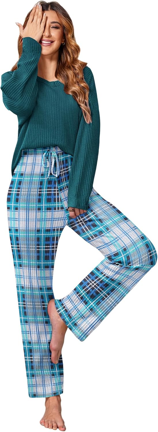 Ekouaer Women's Waffle Knit Pajama Sets Comfy Long Sleeve Lounge Sets 2 Piece Matching Pj Sets with Pockets