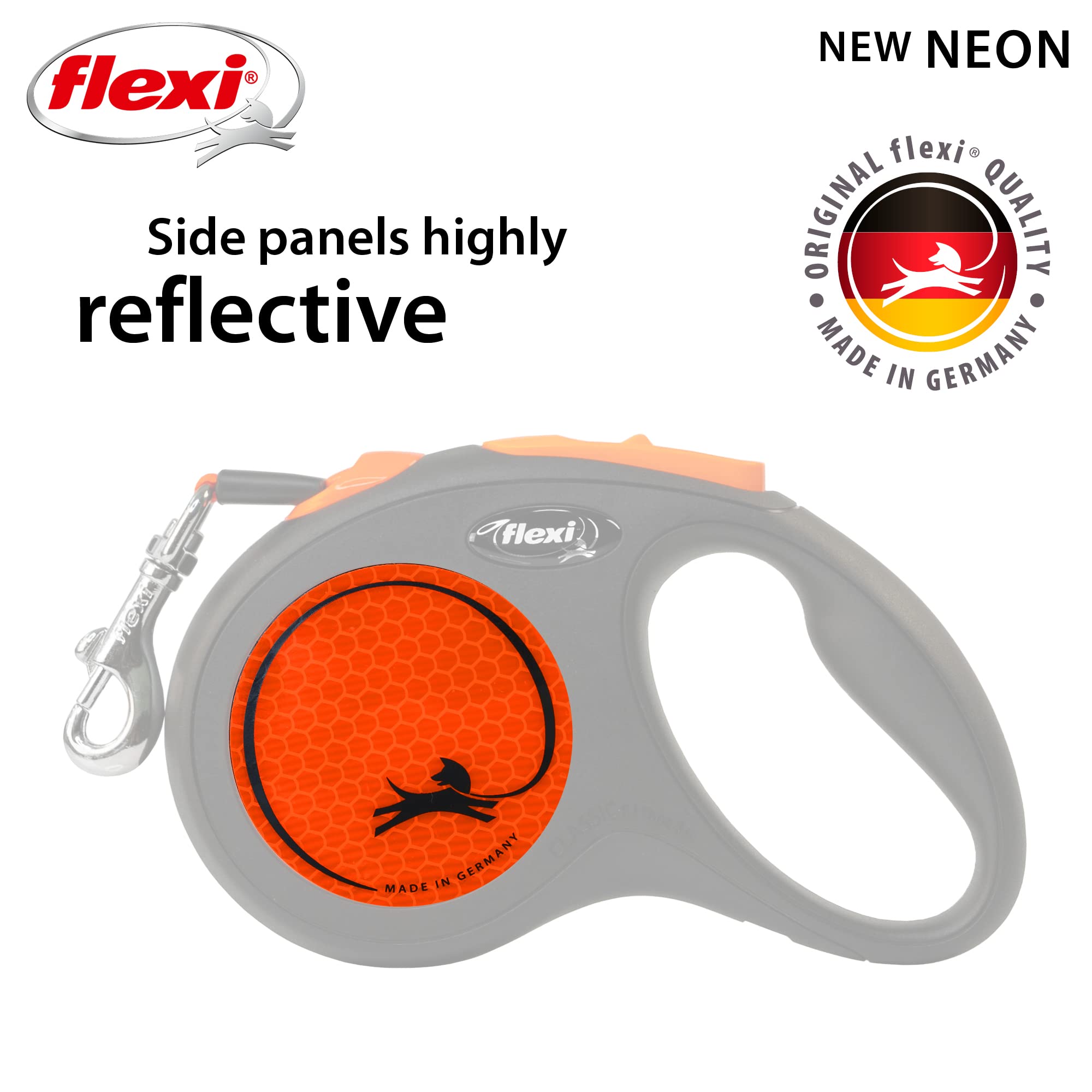 Flexi Retractable Dog Leash New Neon Tape Leash 5m/16ft, with Anti-Slip Grip Handle, Strong & Durable Lead Holds up to 15kg, for Small Dogs, Orange 1
