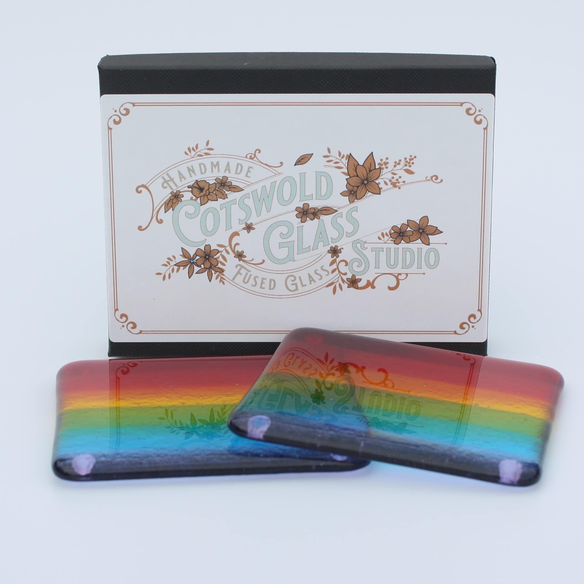 Handmade Drink coaster set, two handmade fused glass coasters, striped rainbow drinks coasters