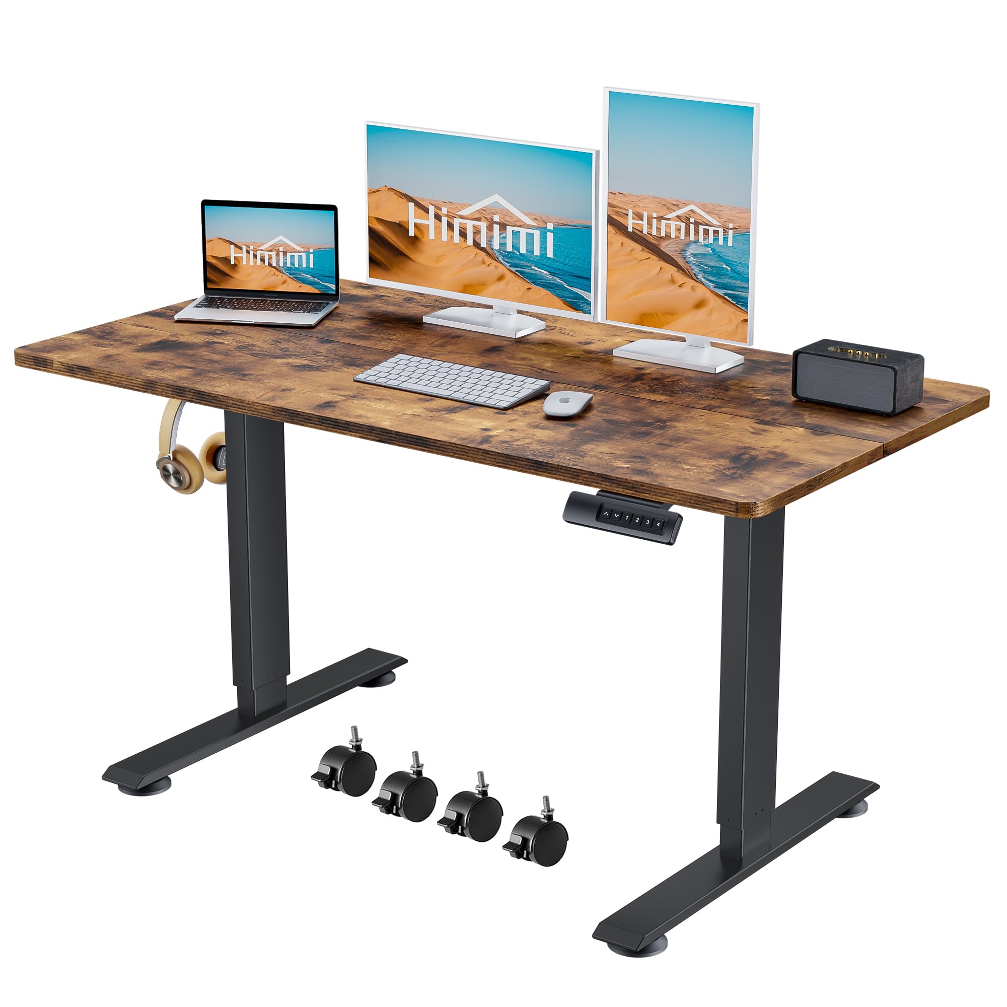 Himimi Escritorio Elevable Eléctrico 140x60cm con Tablero(con Gancho/Portabotellas),Standing Desk,EscritorioAjustable en Altura con Tablero,Función de Memoria y Anticolisión, para Trabajo/Hogar