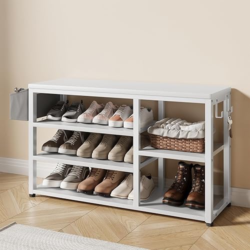 Miniatura 8 de Aiho Hall Tree con banco, juego de perchero 4 en 1, banco industrial para zapatos con 4 ganchos, 5 cubos de almacenamiento para zapatos, para