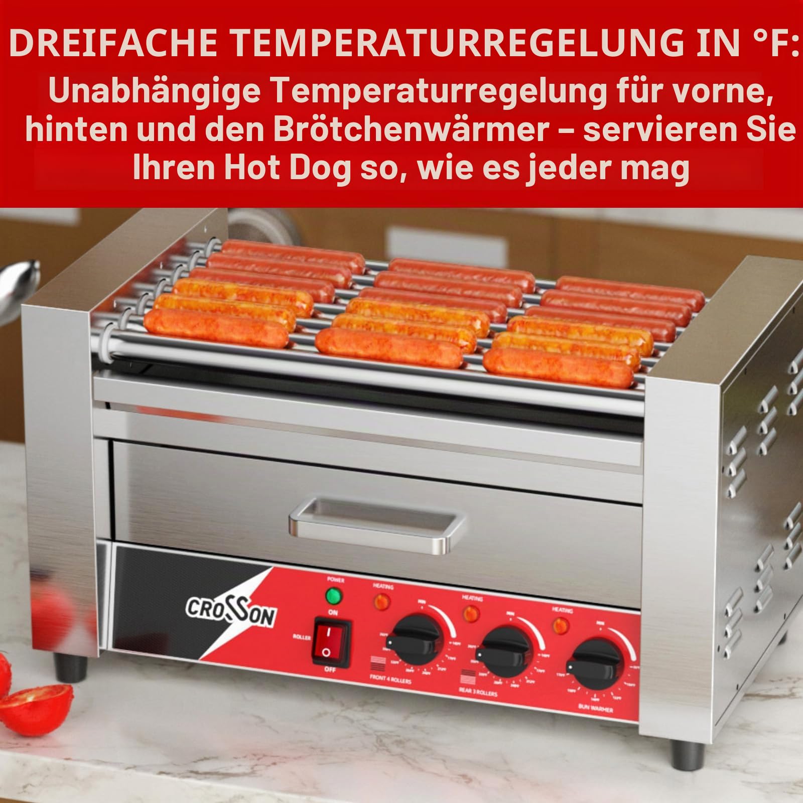 CROSSON 2 in 1 Profi Hot Dog Grill,7 Rollen Edelstahl Hot Dog Machine Elektrogrill 1350W mit Brötchenwärmer,Dual-Temp-Steuerung
