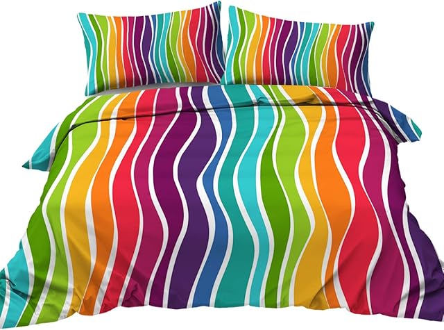 BlessLiving Rainbow Waves Print 3-Piece Bedding Duvet Cover Set Double - Contemporary Comforter Cover - Zipper Closure Funky Hipster Print (1 Duvet Cover & 2 Pillowcases)