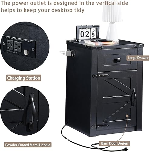 Miniatura 8 de SOOWERY Juego de 2 mesitas de noche, mesita de noche con estación de carga, mesa auxiliar de granja con puerta de granero y cajón, mesa auxiliar de