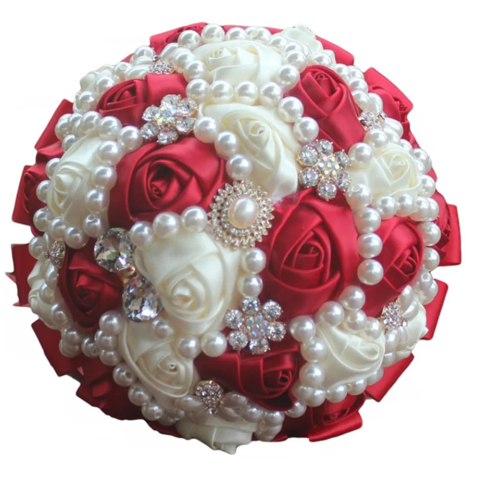 NDLHXKFRP Wedding bouquets for brides and bridesmaids, Wedding Bouquet Bridal Artificial Satin Rose Brooch Pearl Ribbon Diamond(Color 8)