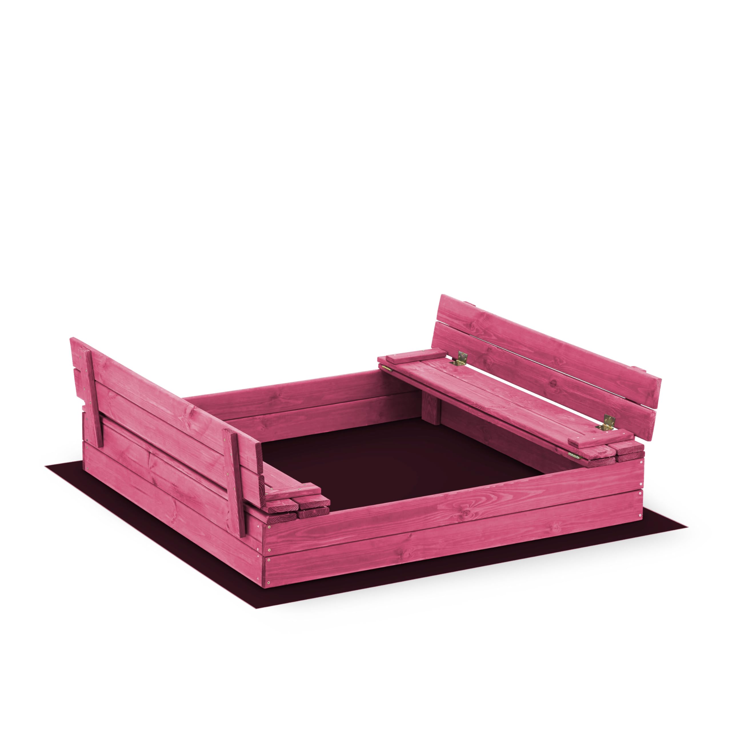 Sandkasten aus Holz 120x120 Imprägniert oder Unbehandelt Sandbox mit Abdeckung Sitzbänken Deckel Plane Sandkiste Sandkastenvlies (120x120 Rosa)