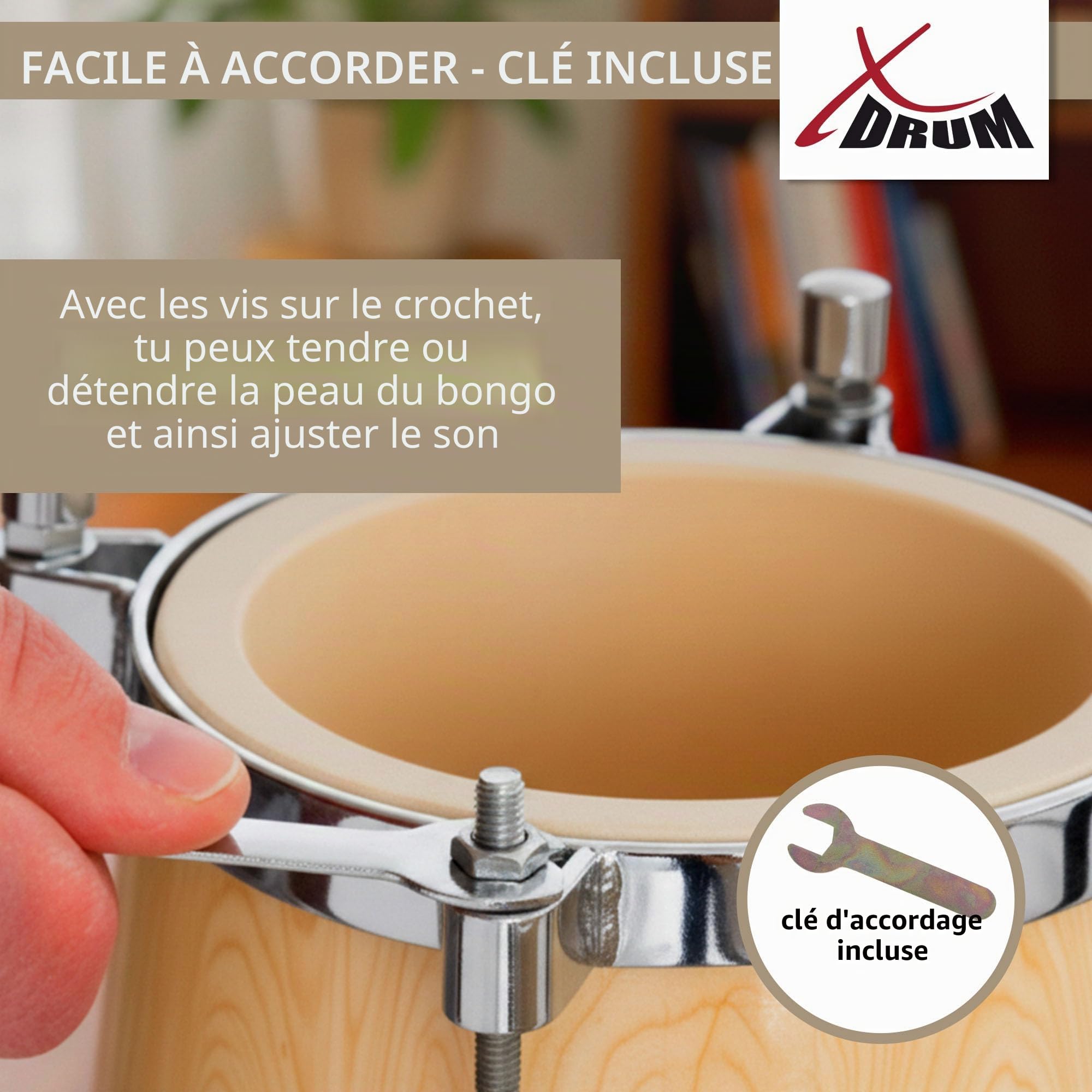 Set XDrum Bongos Pro Natur avec Support Inclus, Tailles des bongos: 6 | 2 tambours (« macho » et « hembra »), 5" (17 cm) et 7, 5" (20 cm), Peaux naturelles, Bois: bouleau, Quincaillerie chromée