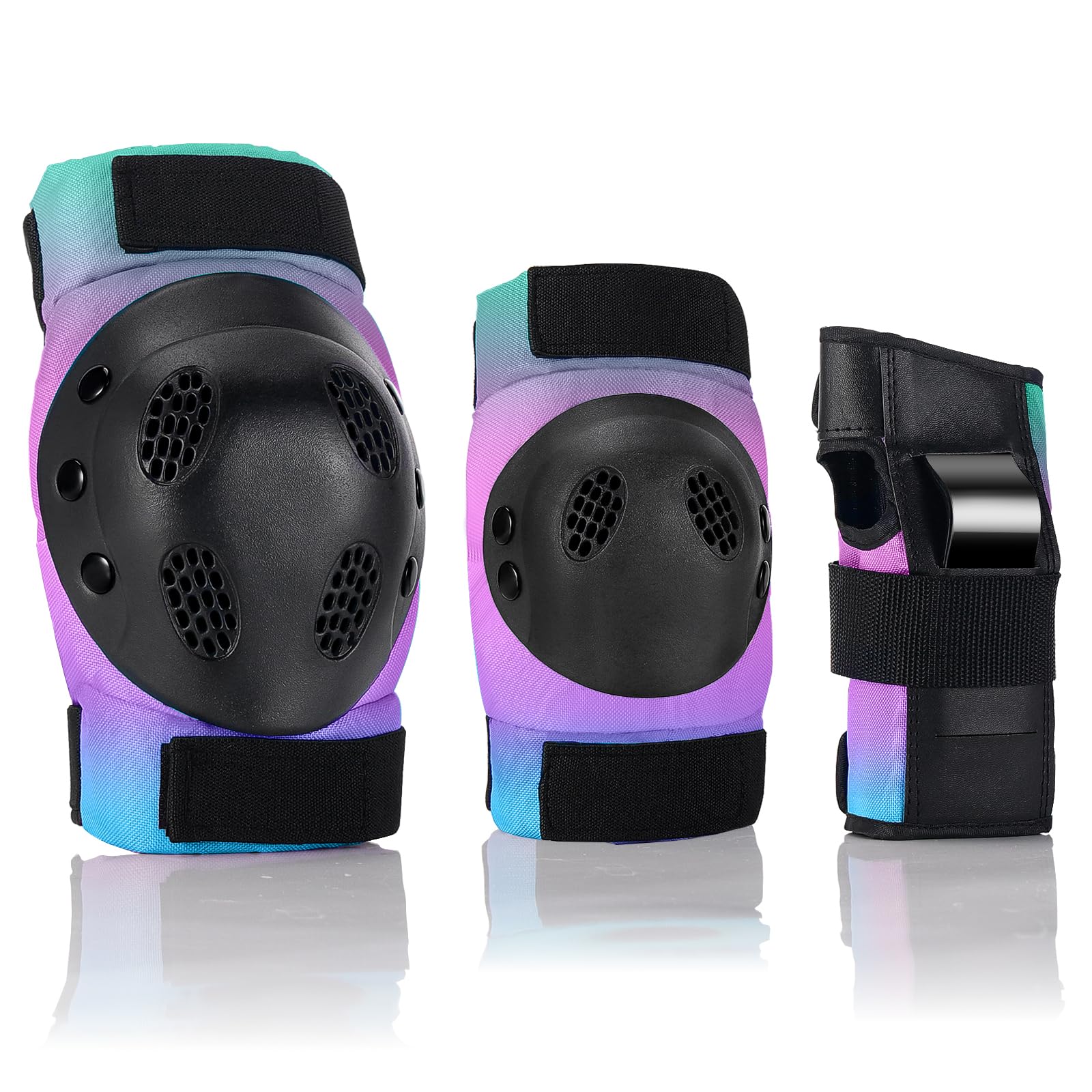 JeeFreeAdult/Child Pad Set ,Color Gradient Knee Pads Elbow Pads Wrist Guard ,Strong Double Straps and Adjustable Easy-Fix Clips for Bike Skateboarding Roller Skating Cycling Scooter Riding