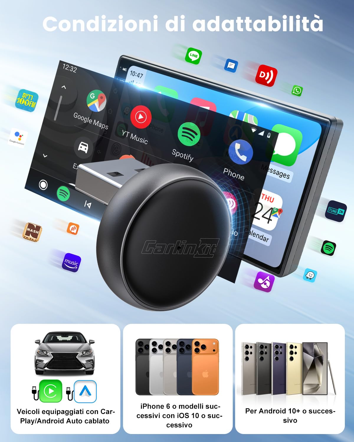 CarlinKit Adattatore wireless MINI-Ultra 3 - Converte CarPlay/Android Auto cablato in wireless, Plug-and-play, USB/Type-C, aggiornamento OTA