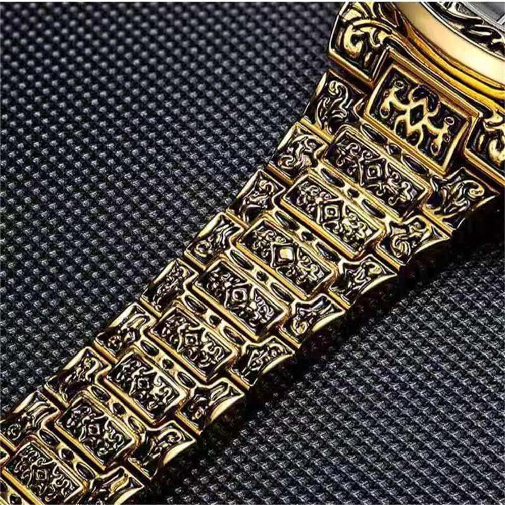 3PC Stainless Steel Necklace Bracelet Watch Set Vintage Calendar Business Classic Men's Watch Hip Hop Necklace Does Not Fade High-Grade Accessories Jewelry Set for Men (Gold 3PC)