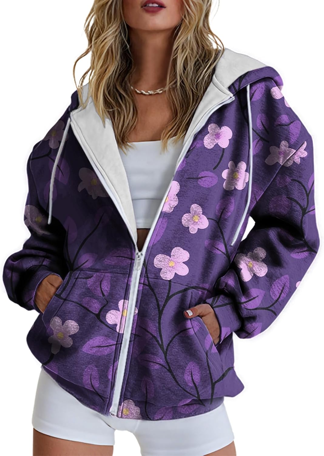 Hoodies for Women Print Oversized Full Zip Hoodie with Pockets Retro Graphic Women's Sweatshirt Long Sleeve Trendy