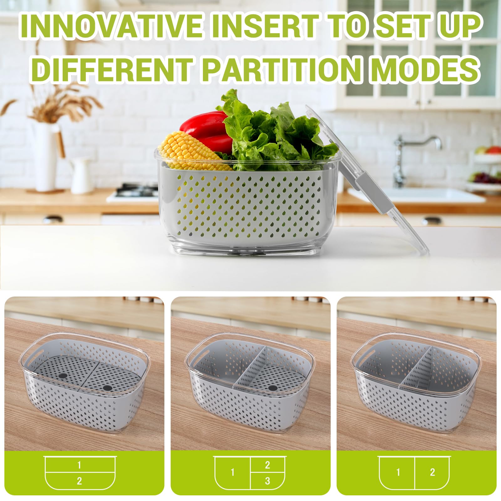 LUXEAR Frischhaltedosen für Gemüse, Obst, 3-teiliges Set, BPA-freier Kühlschrank-Aufbewahrungsbehälter, geteilter Salatbehälter, Kühlschrank-Organizer, zur Aufbewahrung von Obst und Gemüse, Grau