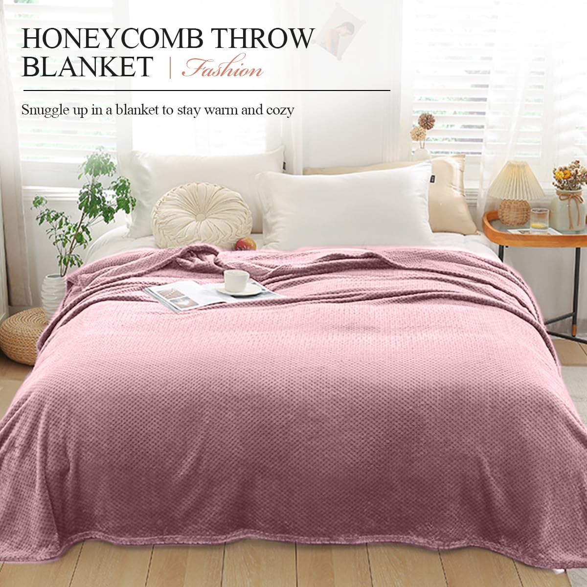 LumiSyne Waffle Honeycomb Throw Blanket Solid Color Luxury Flannel 4 Fluffy Soft Warm Snuggle Blanket Cosy Bedspread Coverlet Bed Cover Decorative Throw For Sofa Bed Armchair 200×230cm - Image 2