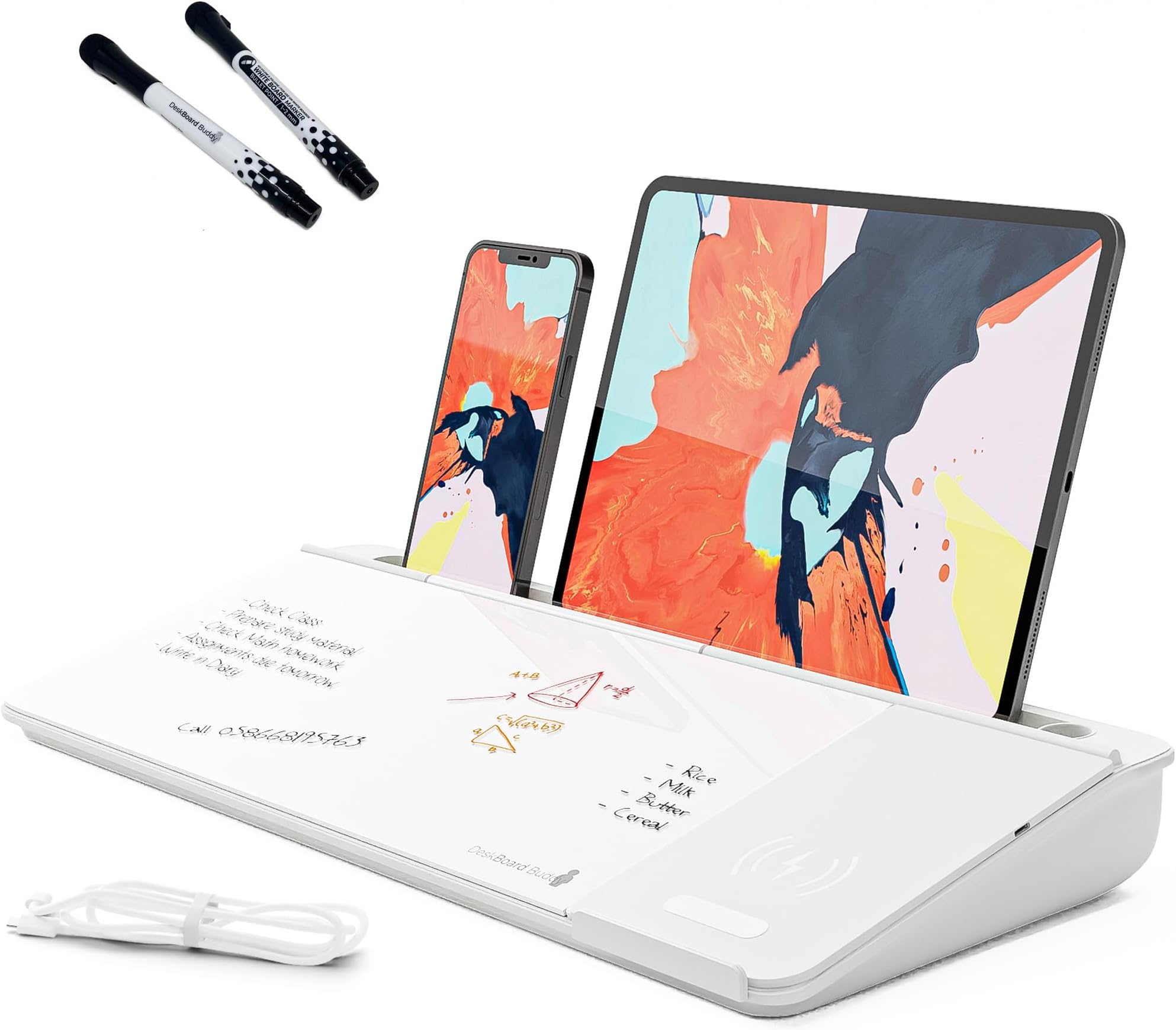 DeskBoard Buddy Desktop Whiteboard + 2 Markers (White with Wireless Charger)