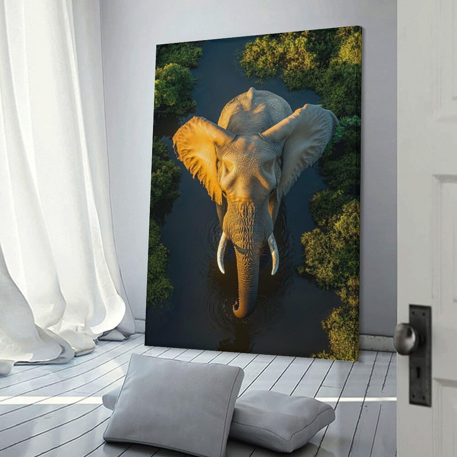 Junmoney Canvas Wall Decor Elephant in River, Aerial View, 24x36inch(60x90cm), for Restful Interiors, Bedrooms Or Small Rooms, Canvas Wall Decor for Personal Spaces
