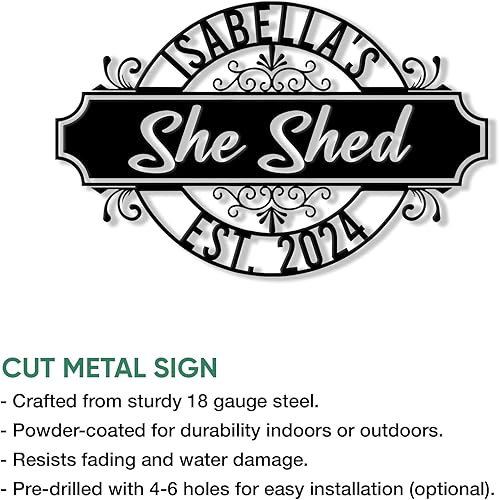 Miniatura 2 de Letrero de metal personalizado con texto en inglés «She Shed» – Decoración de pared con nombre personalizado para jardín, porche, patio, valla o