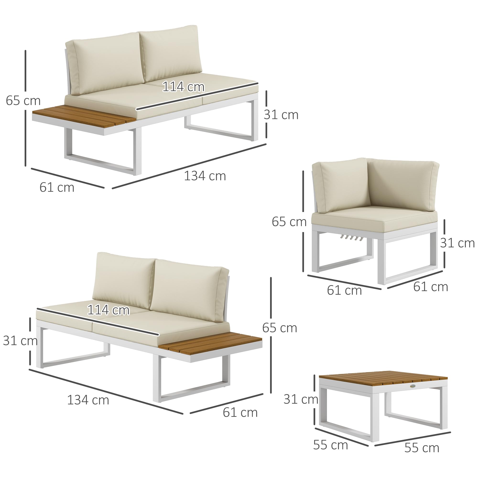 Outsunny Conjunto de Muebles de Jardín Exterior 4 Piezas Juego de Muebles de Terraza Incluye 2 Sofás Dobles 1 Sofá Esquinero Reclinable y Mesa de Centro Mesita Lateral con Cojines para Patio Crema