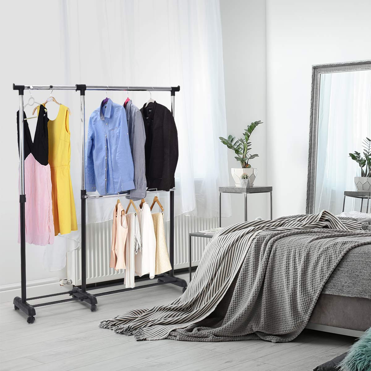 GIANTEX Burro Ropa Retráctil con Ruedas y 2 Varillas Independientes, Percheros de Pie para Ropa, Acero, 91-160 x 43 x 93-168 cm