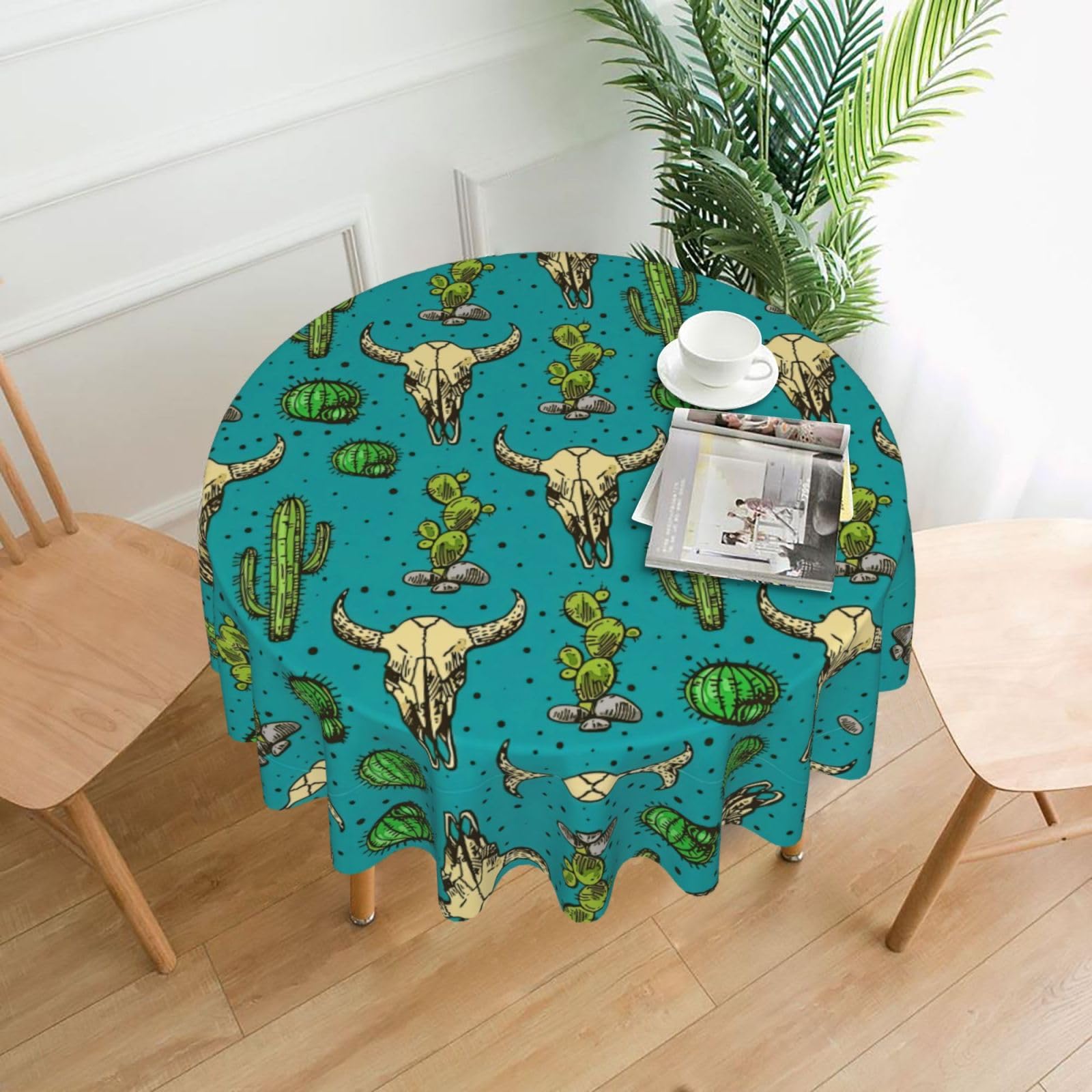 VCzsdff Cute Cactus and Skull of Bull Print Stain Resistant Round Tablecloth 60in Family Friendly Polyester Cloth for Kids Meals