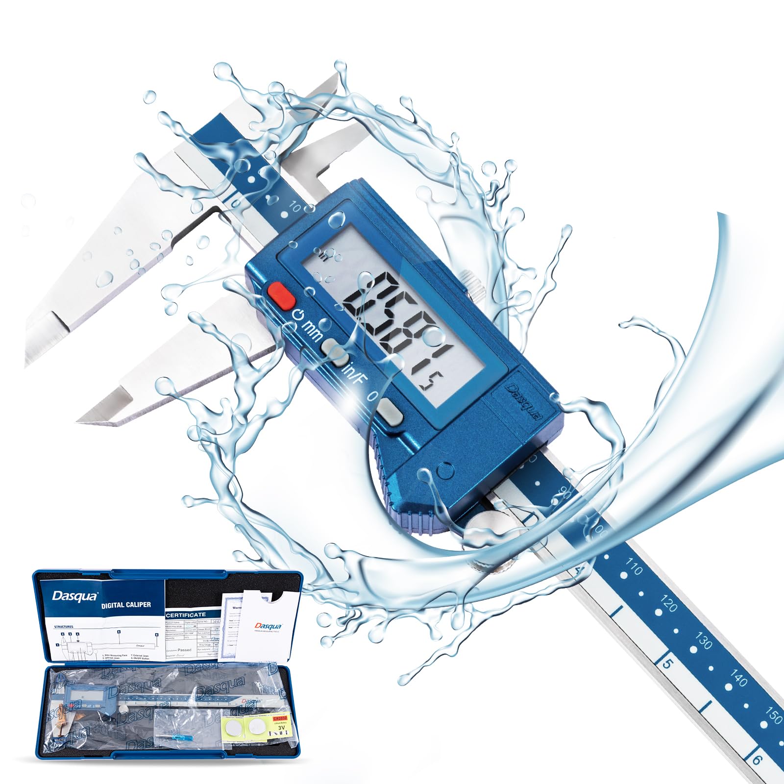 Dasqua Calibrador digital de 8 pulgadas, calibre resistente al agua de acero inoxidable IP54 con pantalla LCD grande y caja de almacenamiento, fácil cambio entre pulgadas/métrico/fracción, precisión