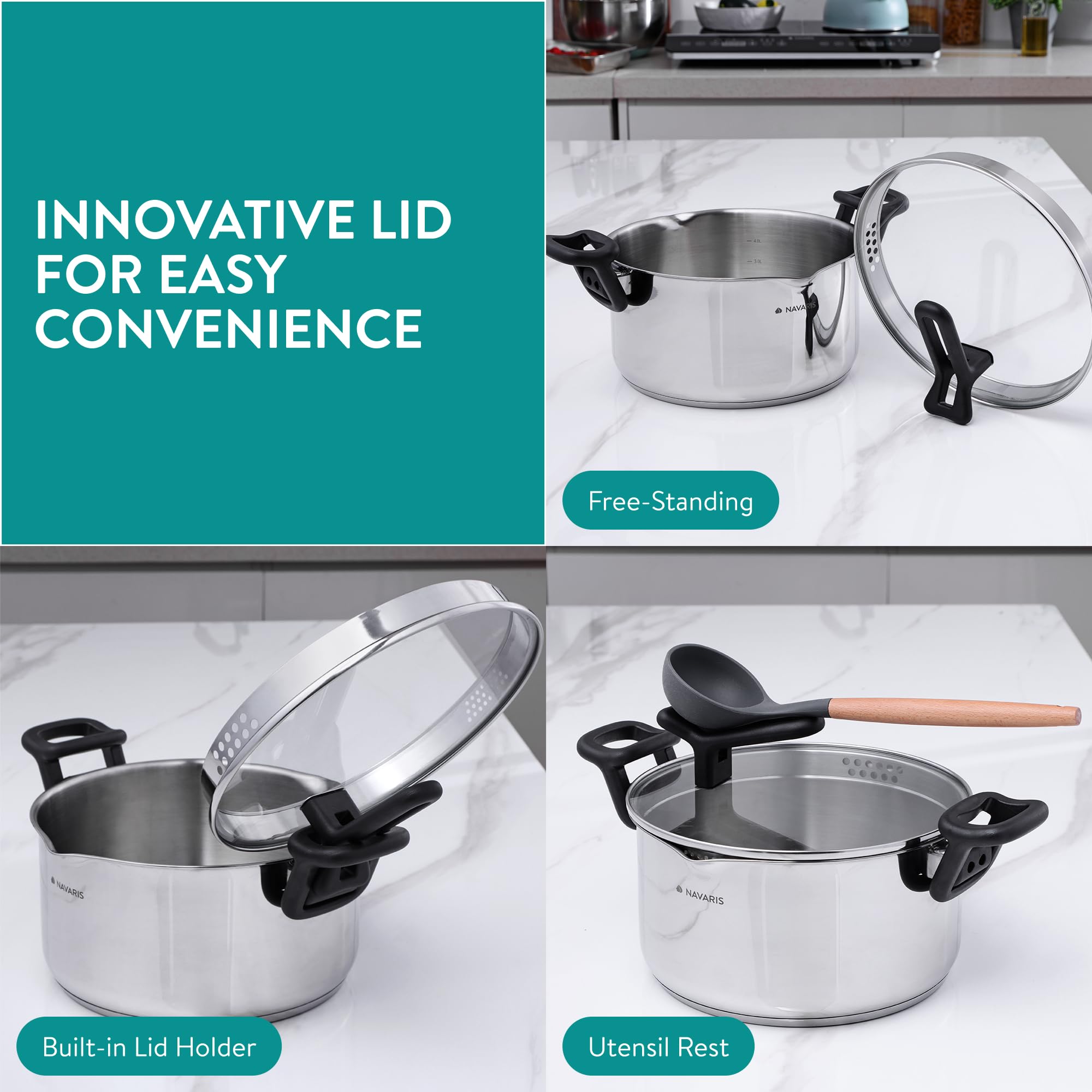 Navaris Pentola per Pasta in Acciaio Inox - Pentolone Induzione Grande - per Diversi Piani di Cottura - per Bollire Pomodori Spaghetti e Brodo - Lavabile in Lavastoviglie - 5,3 L