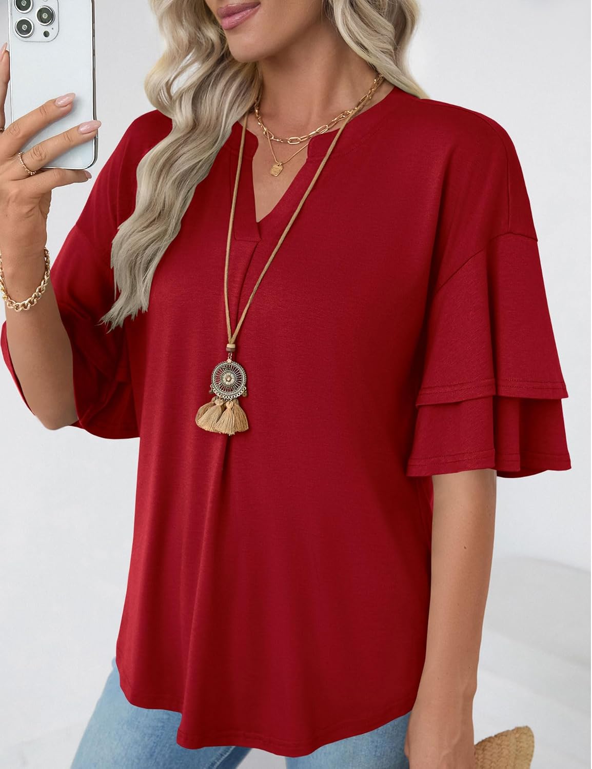 LOMON Womens Tops Ruffle Short Sleeve Blouses Fashion V Neck T Shirts Dressy Casual 3/4 Bell Sleeve Tee Spring Summer Clothes - Image 3