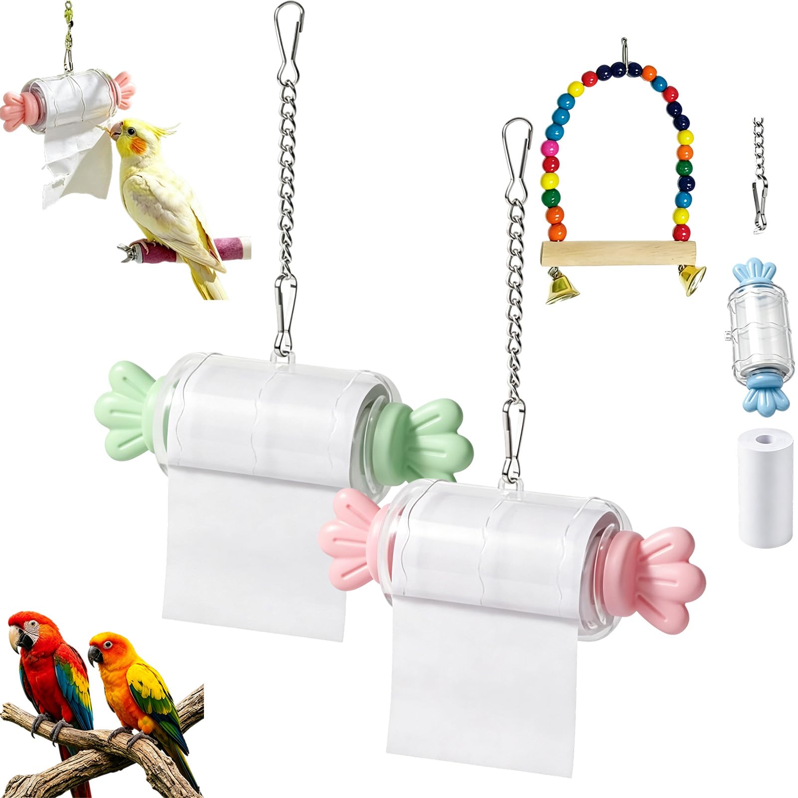 Parrot Rolling Paper Play Toy with Hanging Chain, Bird Foraging Roll Paper Holder, Bird Shredding Toys, for Cockatiels, Budgies, Conures, Parakeets, Lovebirds (2-g+p)