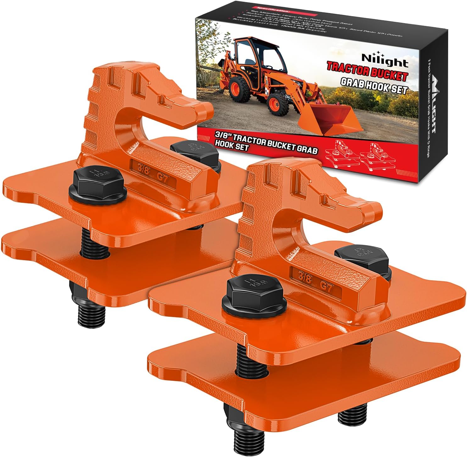 Nilight 2PCS Tractor Bucket Grab Hook 3/8'' Heavy Duty Drop Forged Steel Bolt On Zinc-Coated Cast Tow Max 15000 LBS Orange
