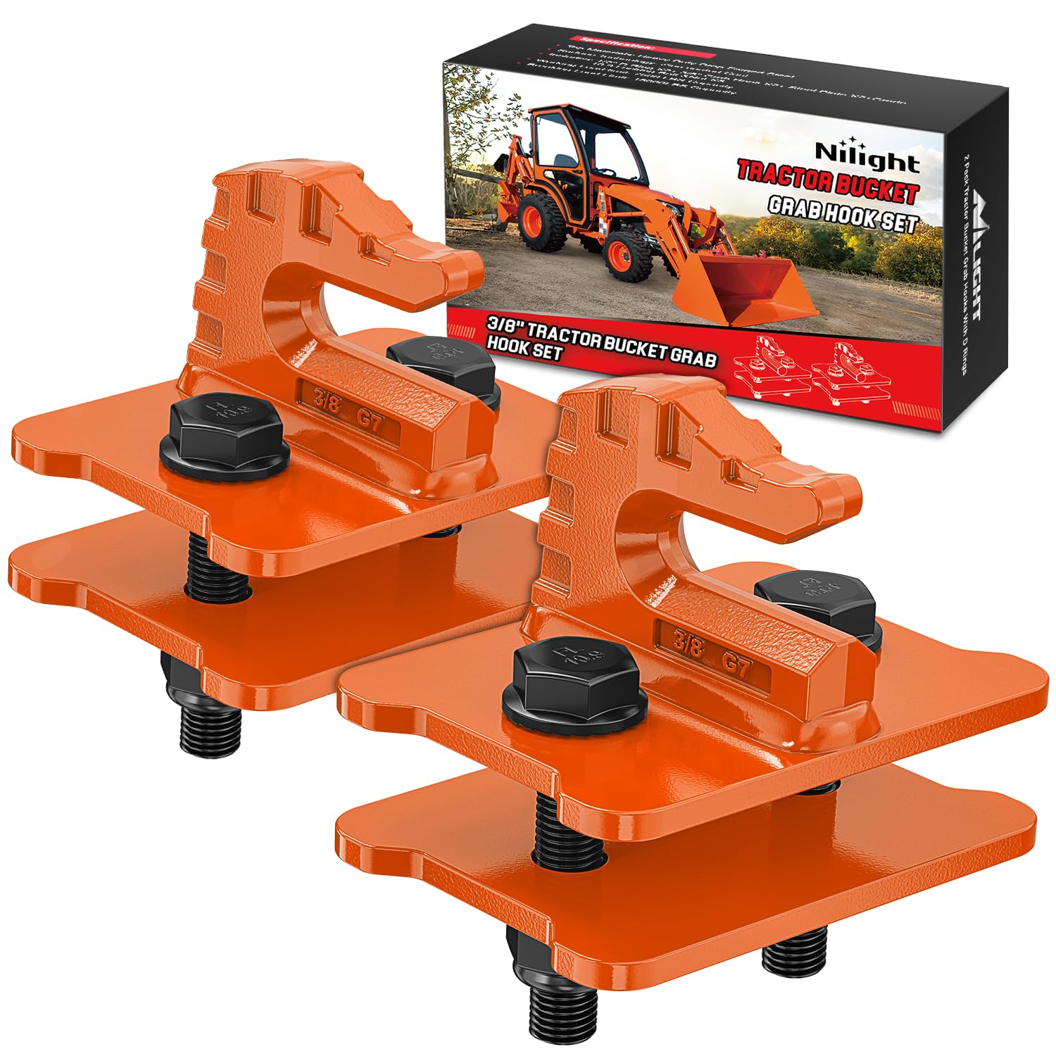 Nilight 2PCS Tractor Bucket Grab Hook 3/8'' Heavy Duty Drop Forged Steel Bolt On Zinc-Coated Cast Tow Max 15000 LBS Orange