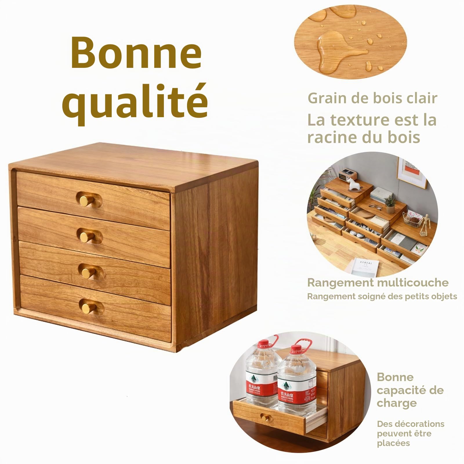 LOCHE Bloc Tiroir Bois, 4 Tiroirs, Grande Capacité, Caissons de Rangement Bureau, Tour de Rangement, Pour Bureau et École, Jaune
