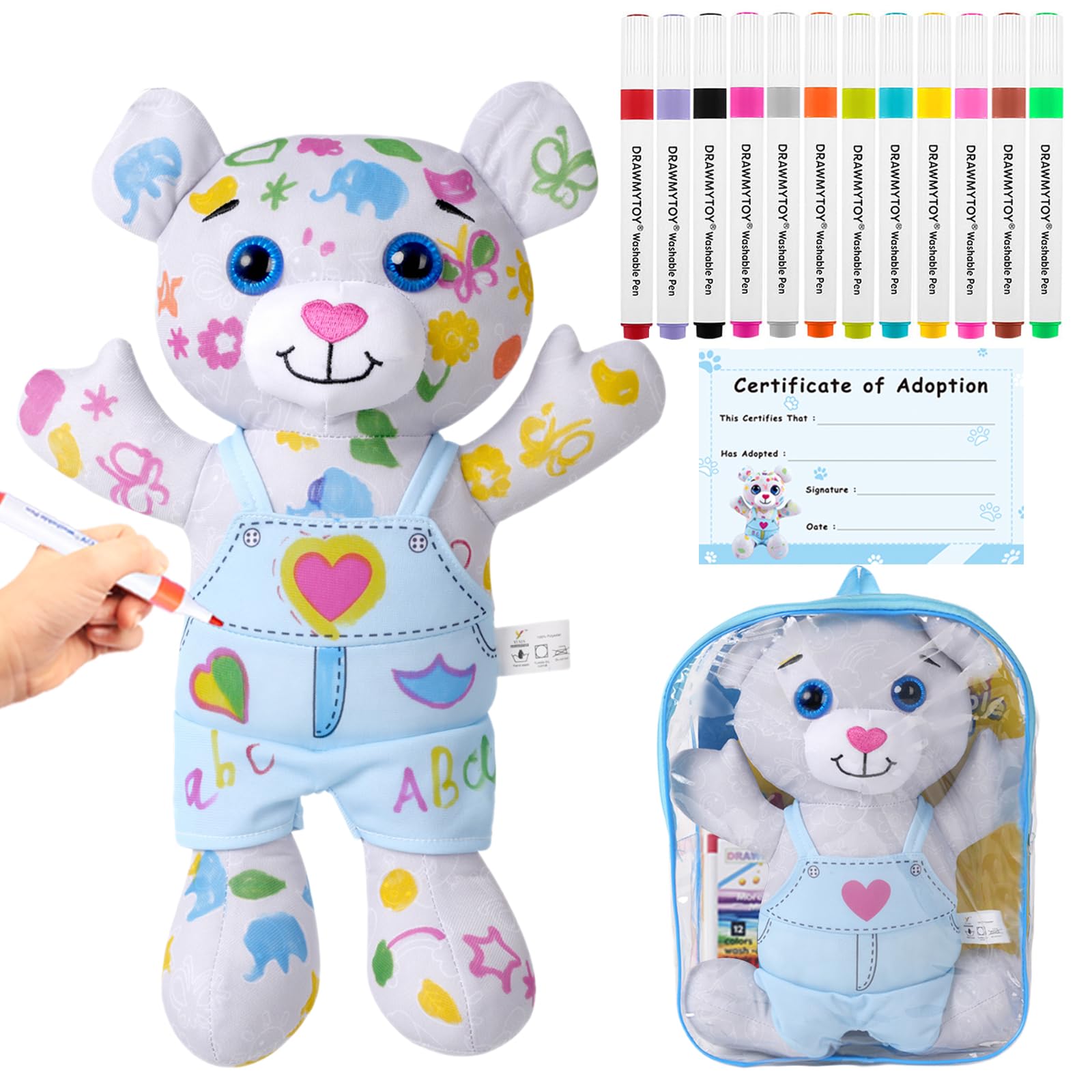 DRAWMYTOY Coloring Plush Toy with 12 Washable Markers for Little Girls Doodle Dolls for Kids Ages 4-6 Birthday (Blue Bear)