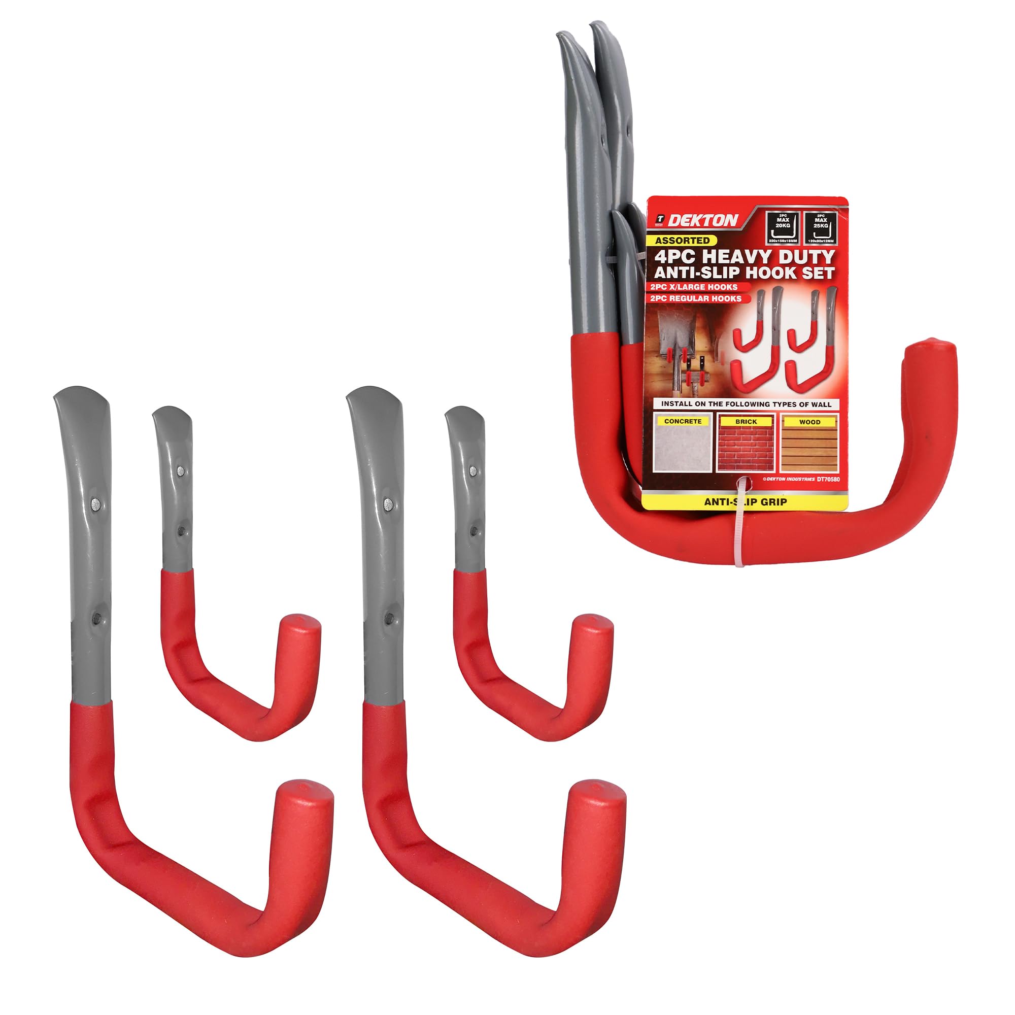 Dekton Red & Silver 4Pc Assorted Wall Hooks - Heavy-Duty Hooks With Max Capacity Of 35Kg | Ideal For Hanging Tools, Coats, Bags, And More | Durable, Rust-Resistant Metal Construction For Home, Garage, Or Office