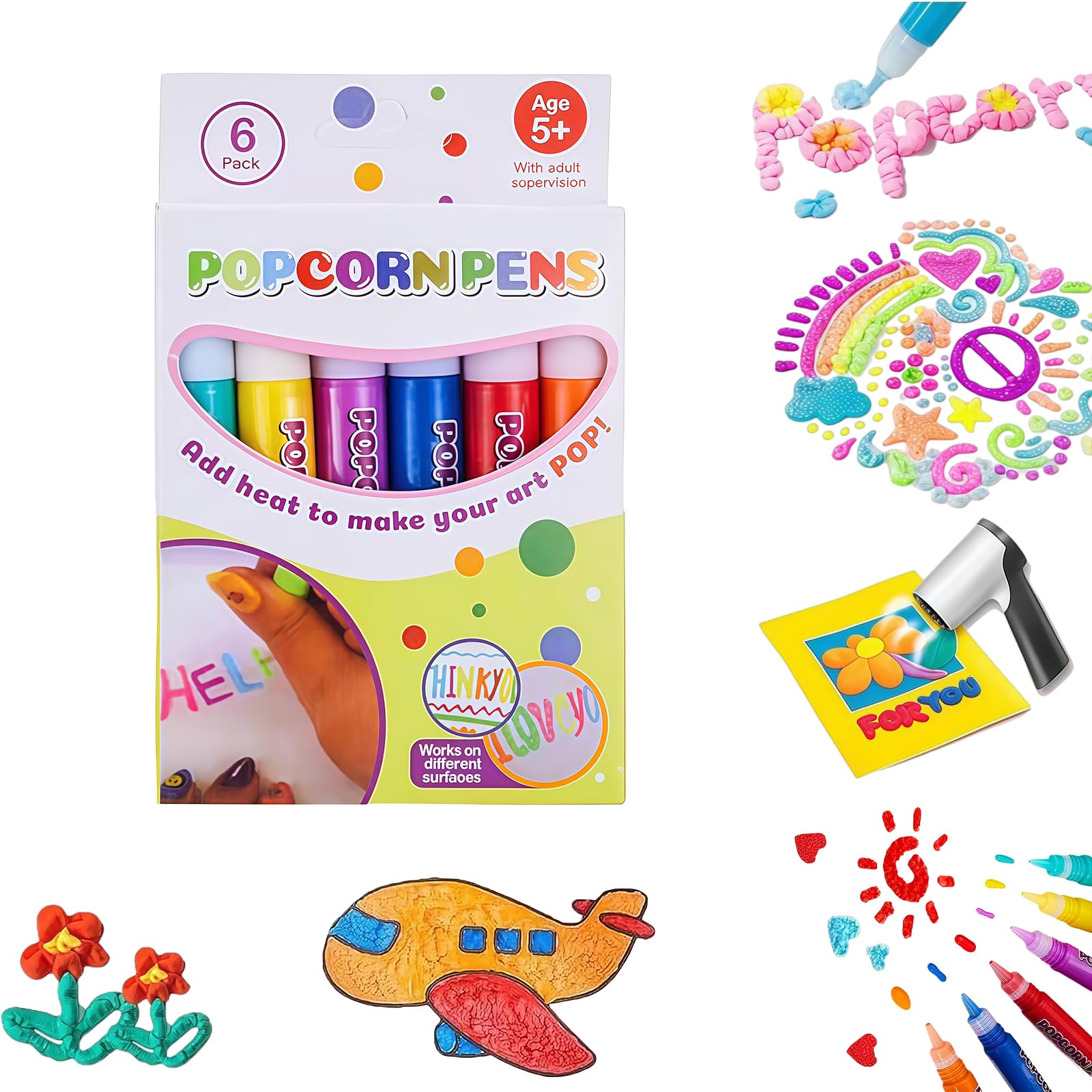6 PCS Popcorn Pens for Kids, 6 Colours, Heat Activated 3D Puffy Pens