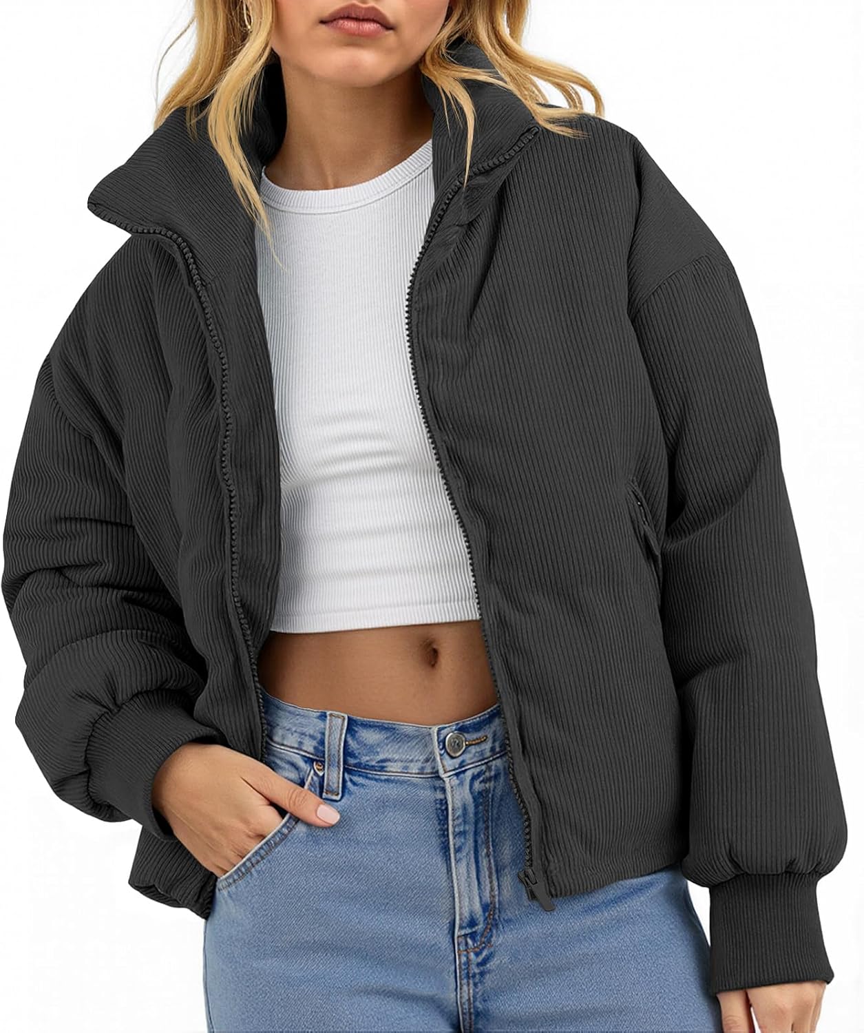 Fisoew Womens Winter Corduroy Puffer Jackets Cropped Puffy Quilted Jackets Coat 2025