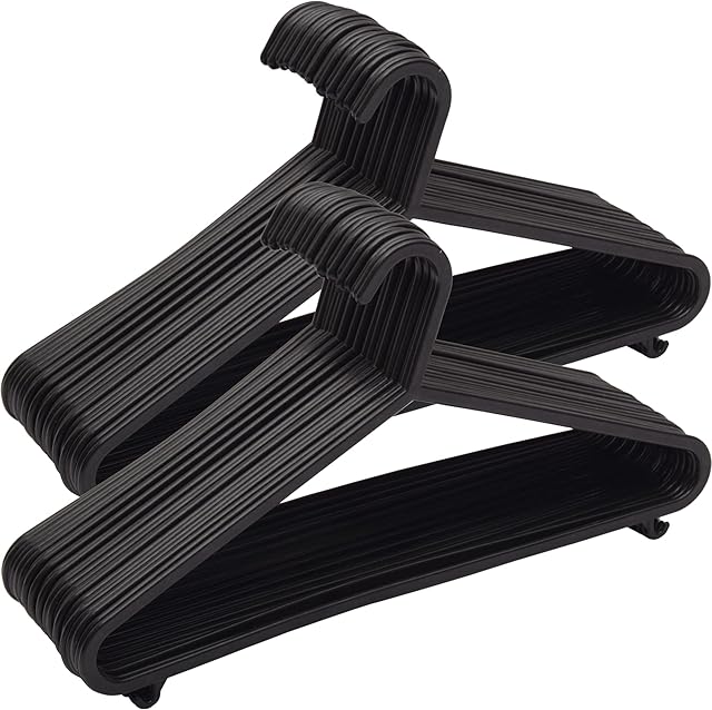 KAPCO Adult Coat Hangers (50 Pack, Black) Strong Plastic Hangers for Clothes, Space Saver Storage Organiser for Wardrobe, Children Closet and Clothing Rail, Non-Slip, Hooks, Suits, Trouser Bar & Lips