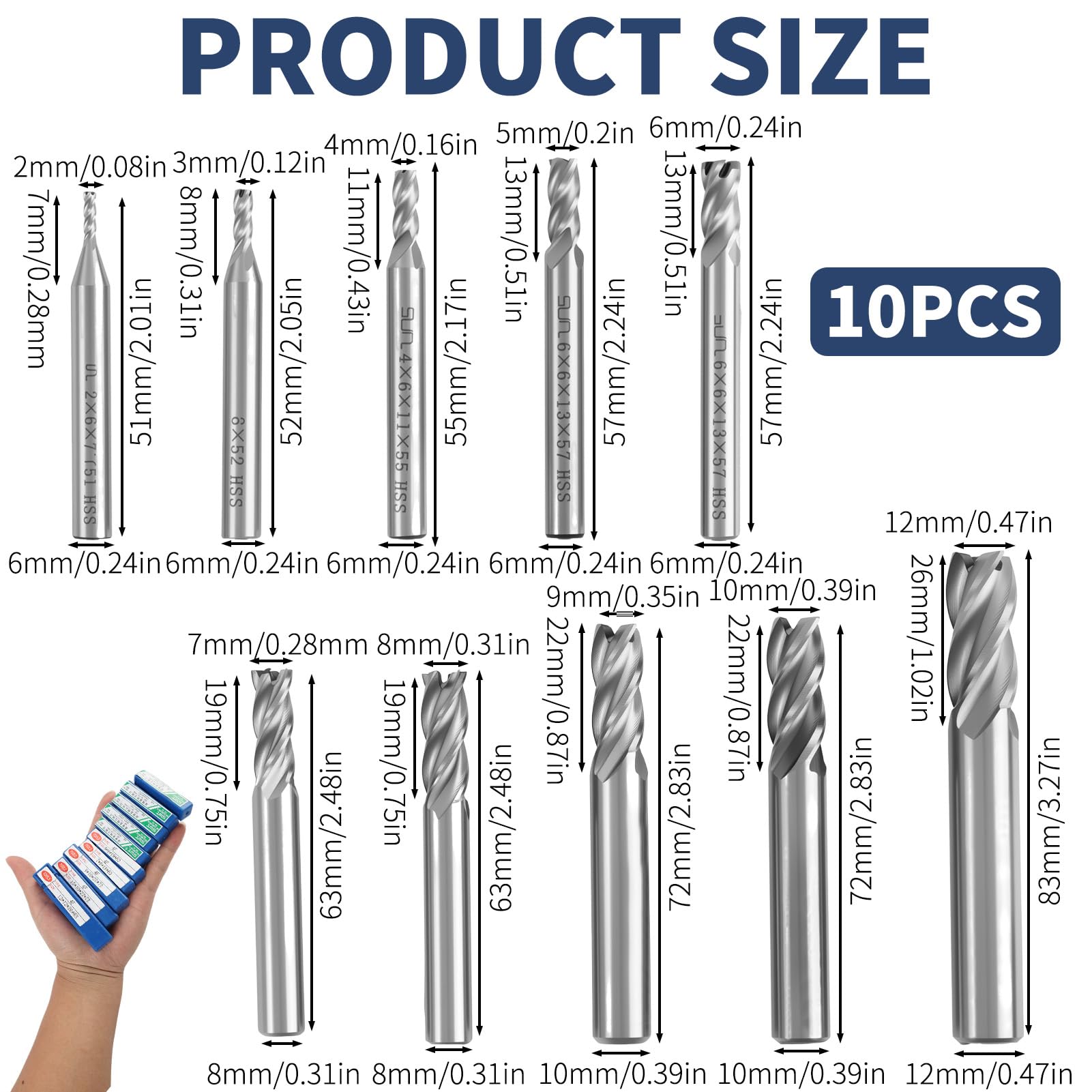 10 Pièces 2 à 12 mm 4 Cannelures Fraise en Bout, Fraise cnc à 4 Flûtes, Fraises HSS Métal Dur VHM Titane Fraises CNC, Ensemble de Forets à Tige Droite HSS CNC pour Perceuse, Pour Acier Inoxydable