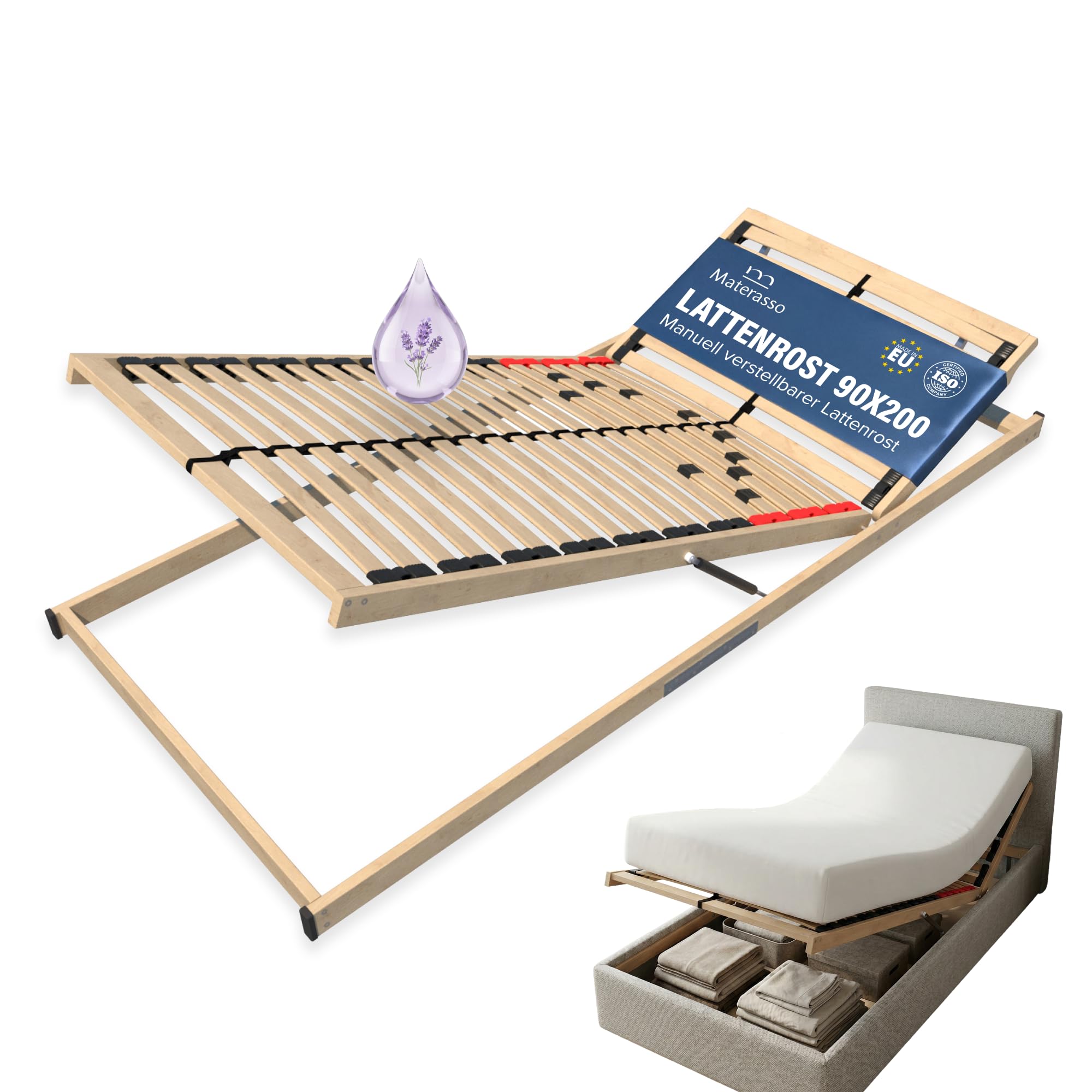 Lattenrost 90x200 cm Verstellbar mit Bettkasten-Zugang | 28 Federholzleisten | 3 Zonen | Kopfteil Verstellbar | Aufklappbar | Lattenrahmen 90x200 cm | Bettrost Birkenholz Buchenholzrahmen