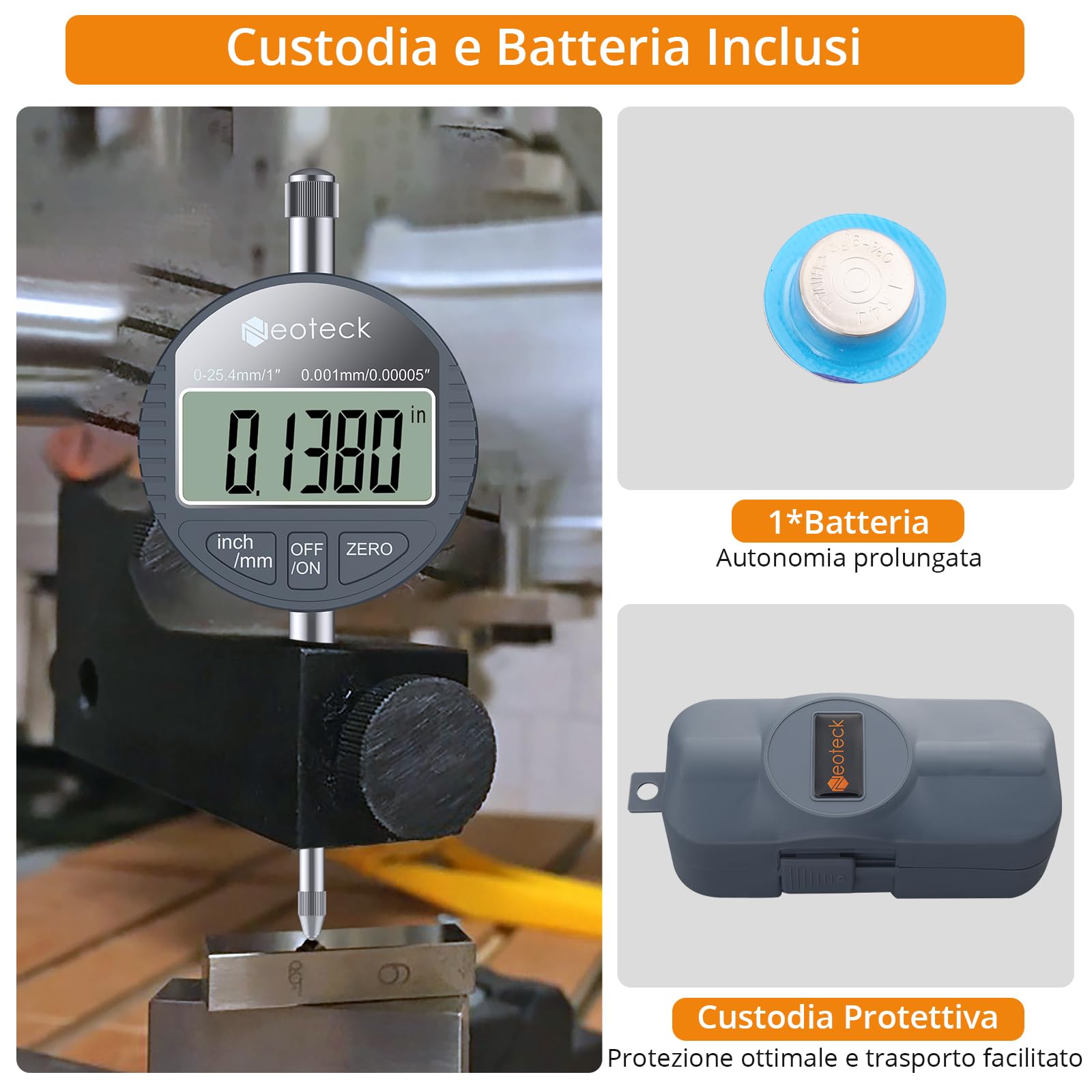 Neoteck Kit Millesimale Professionale: Comparatore Digitale 0.001mm + Base Magnetica 80kg, Indicatore di Precisione 0.001mm con Display LCD, Funzione Zero per Officina CNC