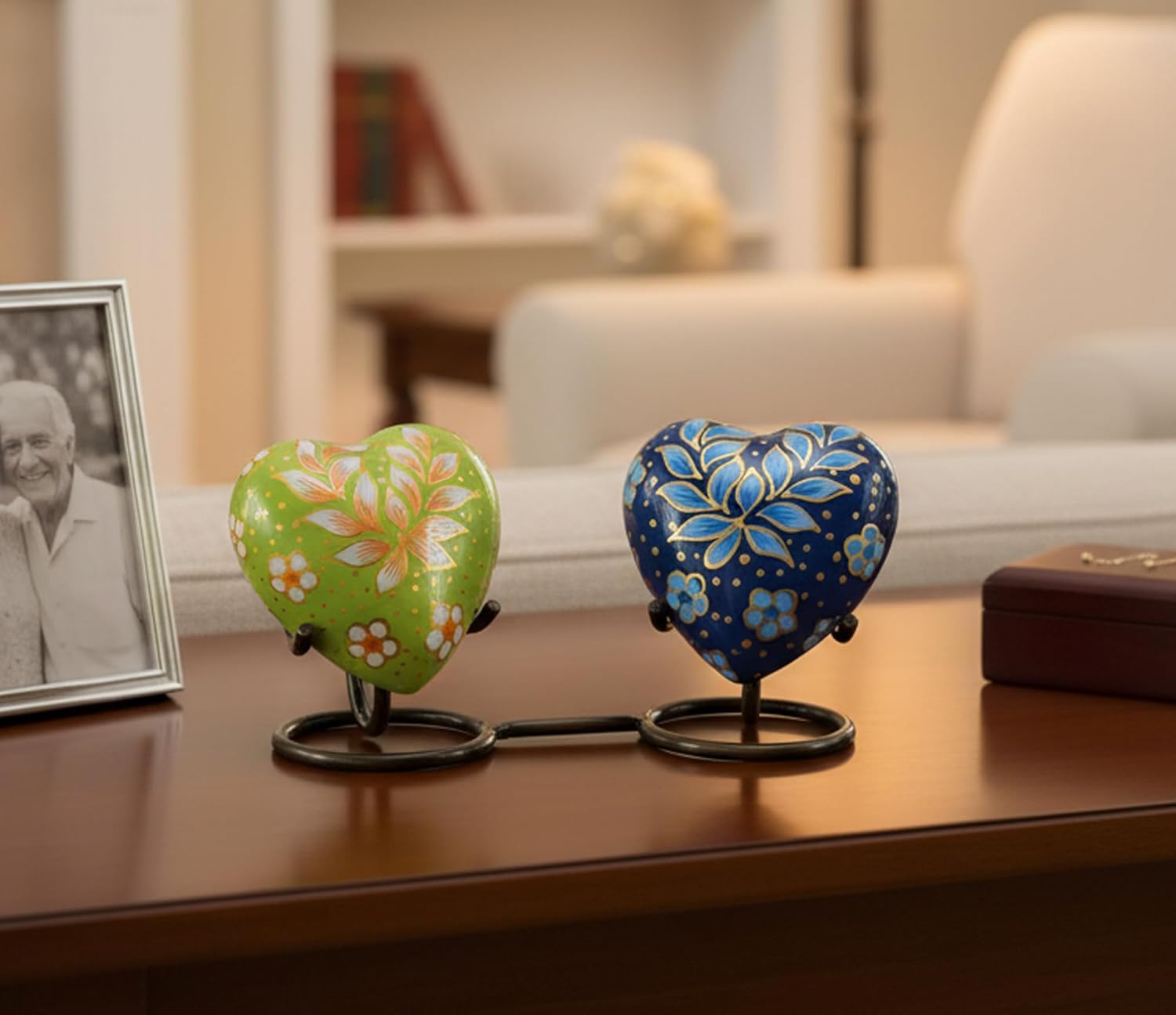 Set of 2 Size 3 Color Blue and green eSplanade Mini Heart-Shaped Cremation Urn Keepsakes Memorial Jar Pot Container - Set of 2 | Small Urns for Funeral Ashes Burial | Multi Printed Metal Keepsakes | Blue and Green - 3 Inches