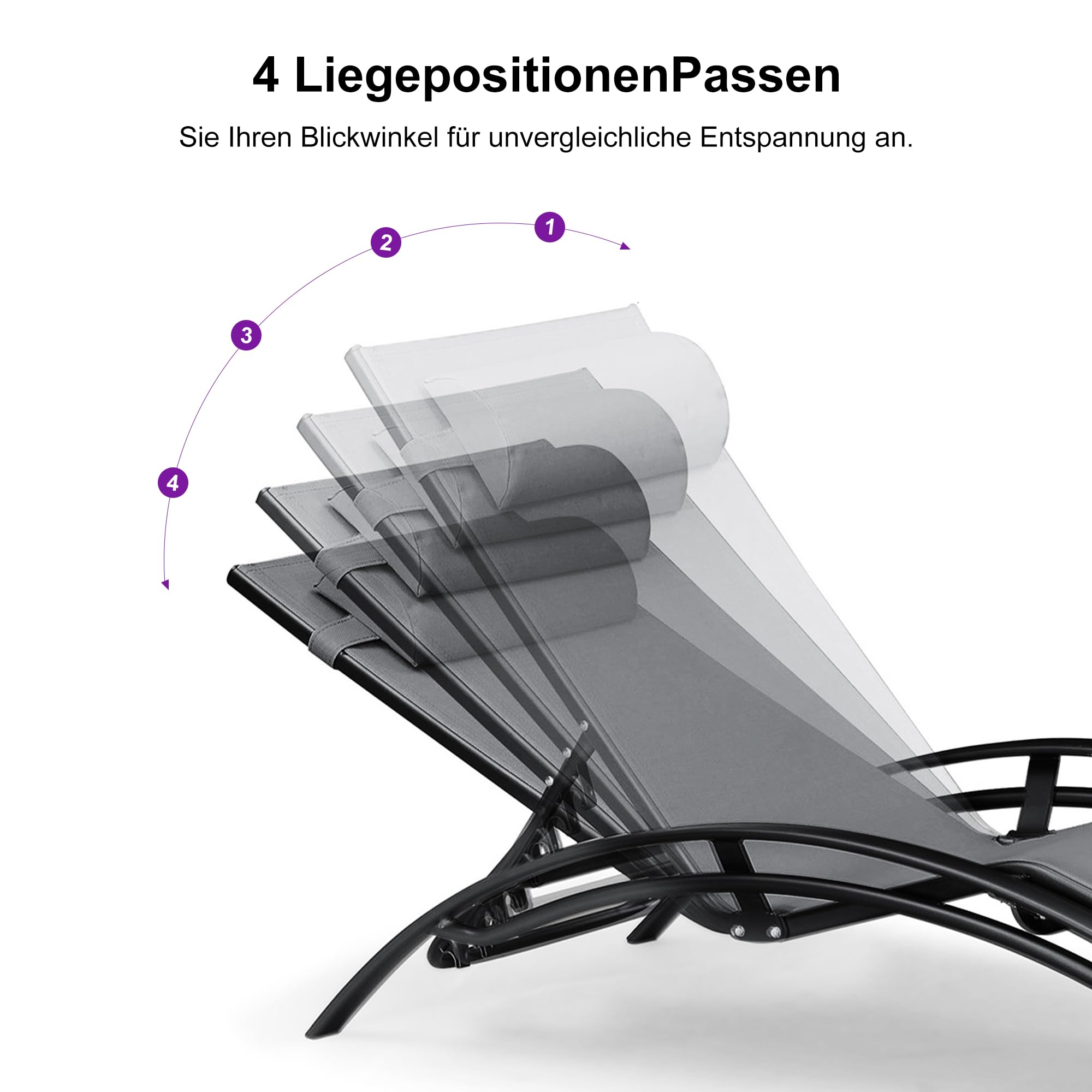 PURPLE LEAF 2er-Set Sonnenliege 4-Fach Verstellbar mit Beistelltisch, Grau | Textilene Gewebe, Verstellbares Kissen, Wetterbeständige Ausführung, Robuste Rostfreies Alurahmen Gartenliege