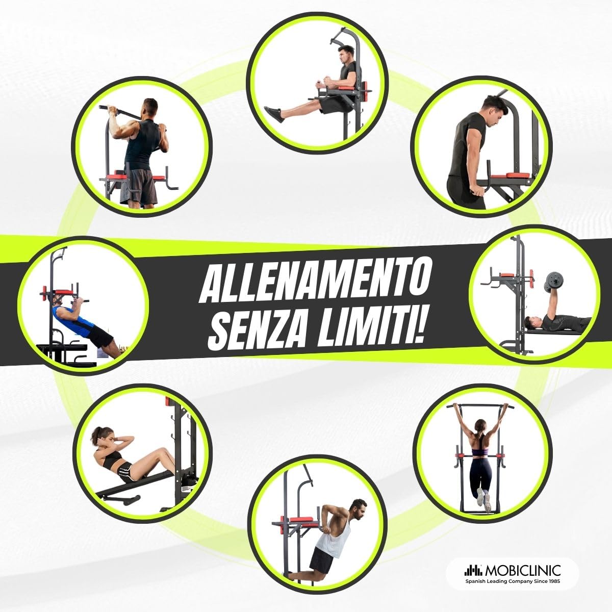 Mobiclinic® Fitness, Stazione per Esercizi, 9 in 1, Domifit, 8 Altezze Regolabili, Panca reclinabile, Multifunzionale, Antiscivolo, Imbottita