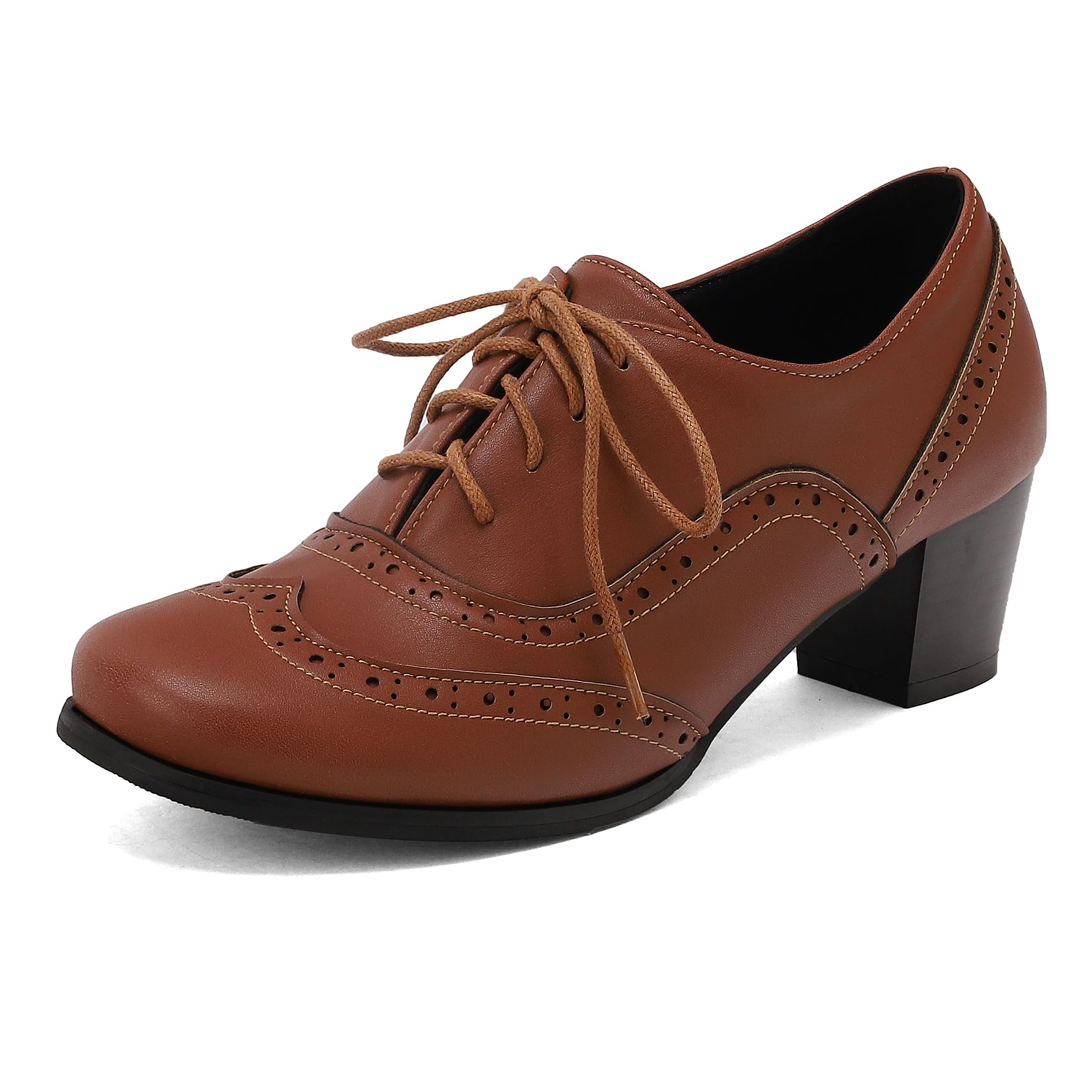 Womens Oxford Block Heel Shoes Wingtip Lace-Up Dress Pumps Classic Brogue