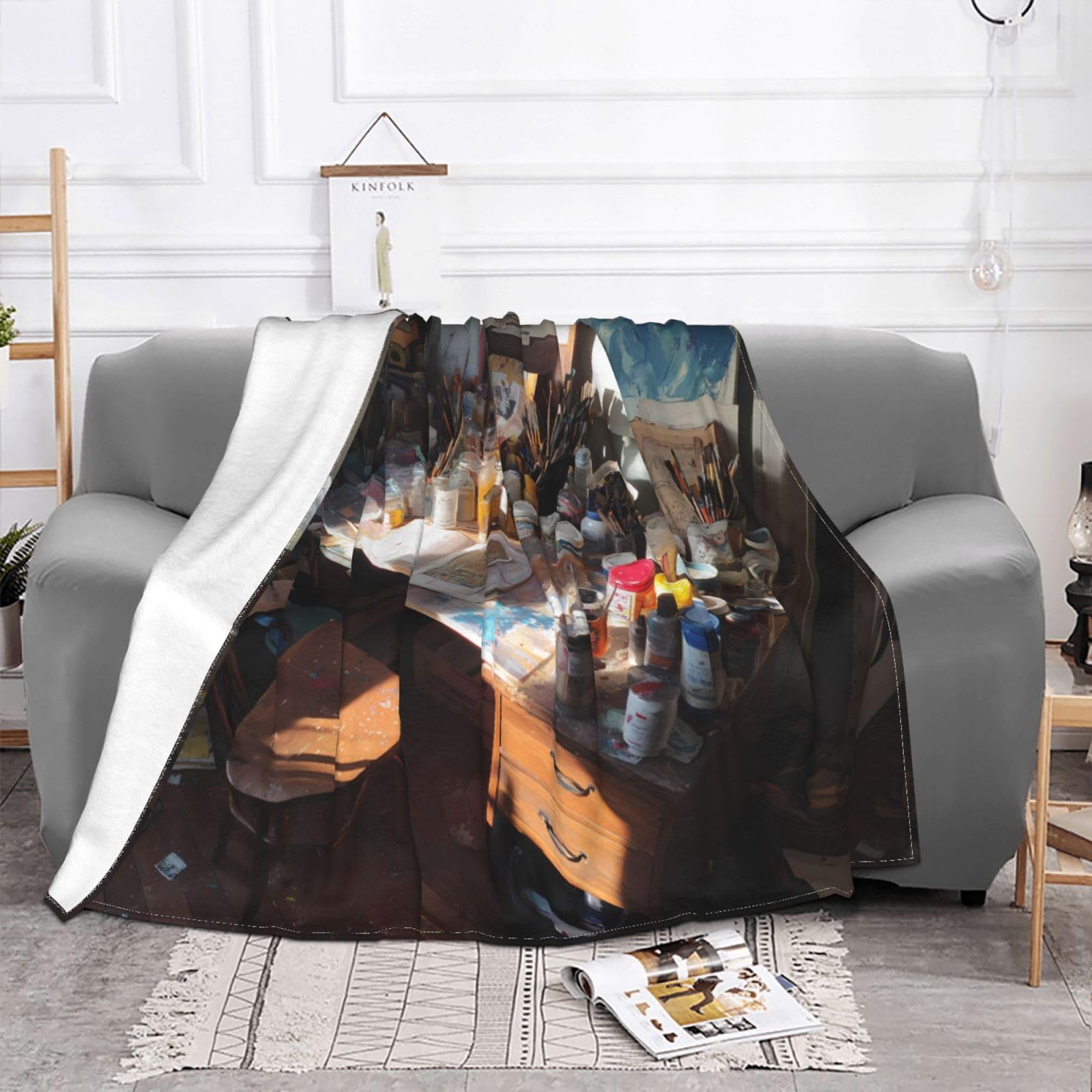 Manta de viaje portátil de 80 x 60 pulgadas, suave, resistente a las arrugas, plegable, exquisita impresión de mesa de dibujo desordenada