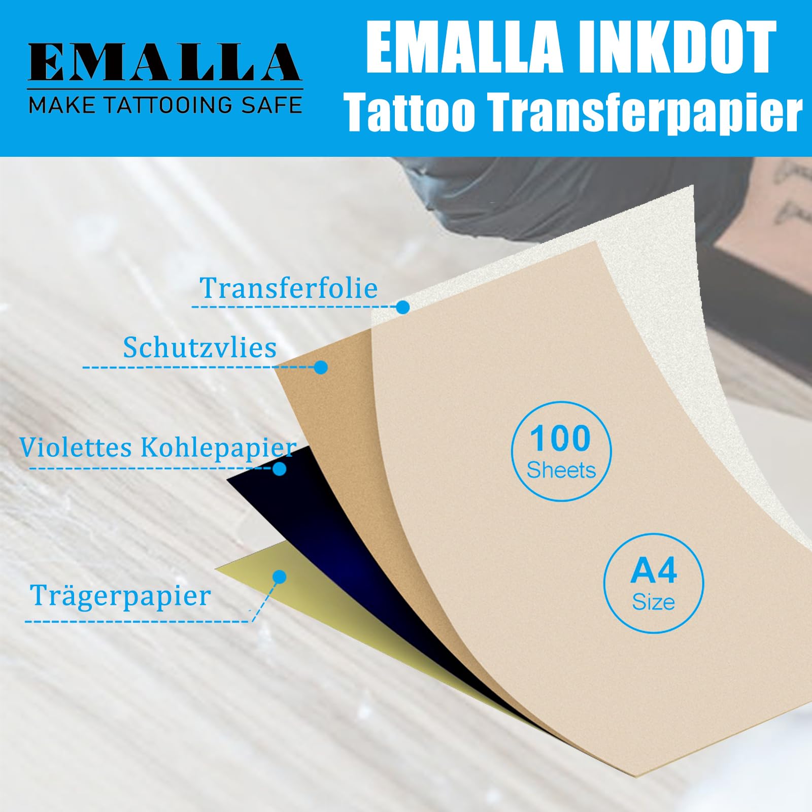 EMALLA INKDOT 100 Blätter Tattoo Transferpapier Stencil Papier A4 Blaupause Papier Blaupapier für Tattoos Tattoo Zubehör Professionelle Künstler