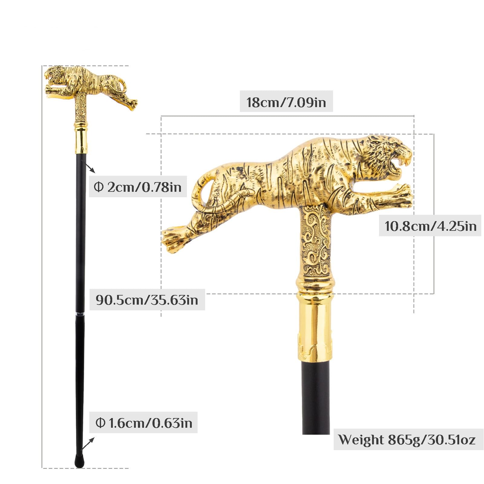 Design Tigre Metallo Oro Bastone da Passeggio – Stile Britannico, Elegante & Lussuoso per Escursionismo, Cosplay, Uso Quotidiano & Regalo