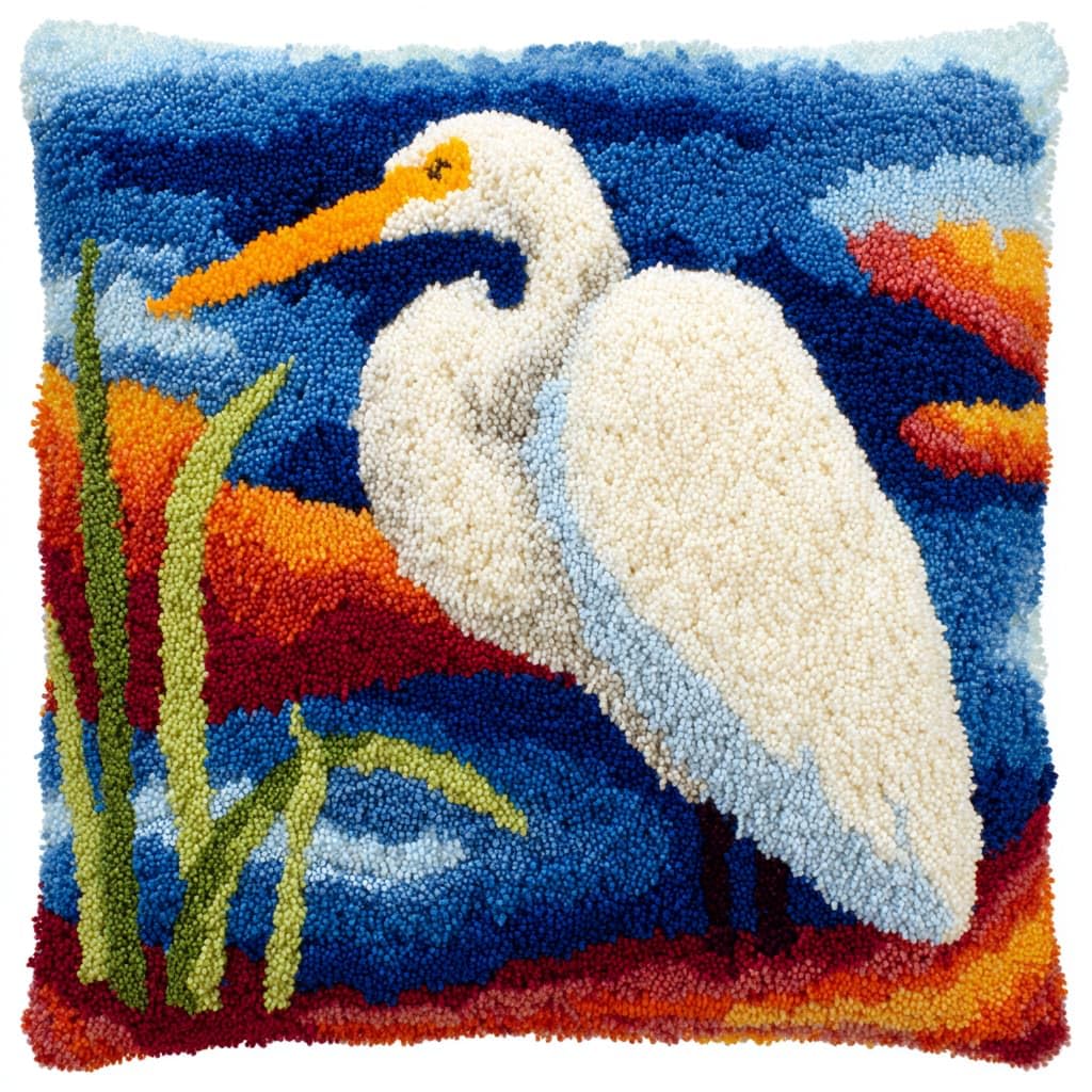 Taxpy DIY Latch Hook Pillow Kits, Animal egret Pillow Cover with Preprinted Throw Pillowcase Crochet Yarns Embroidery Latch Hooking Cushion 17x17inch